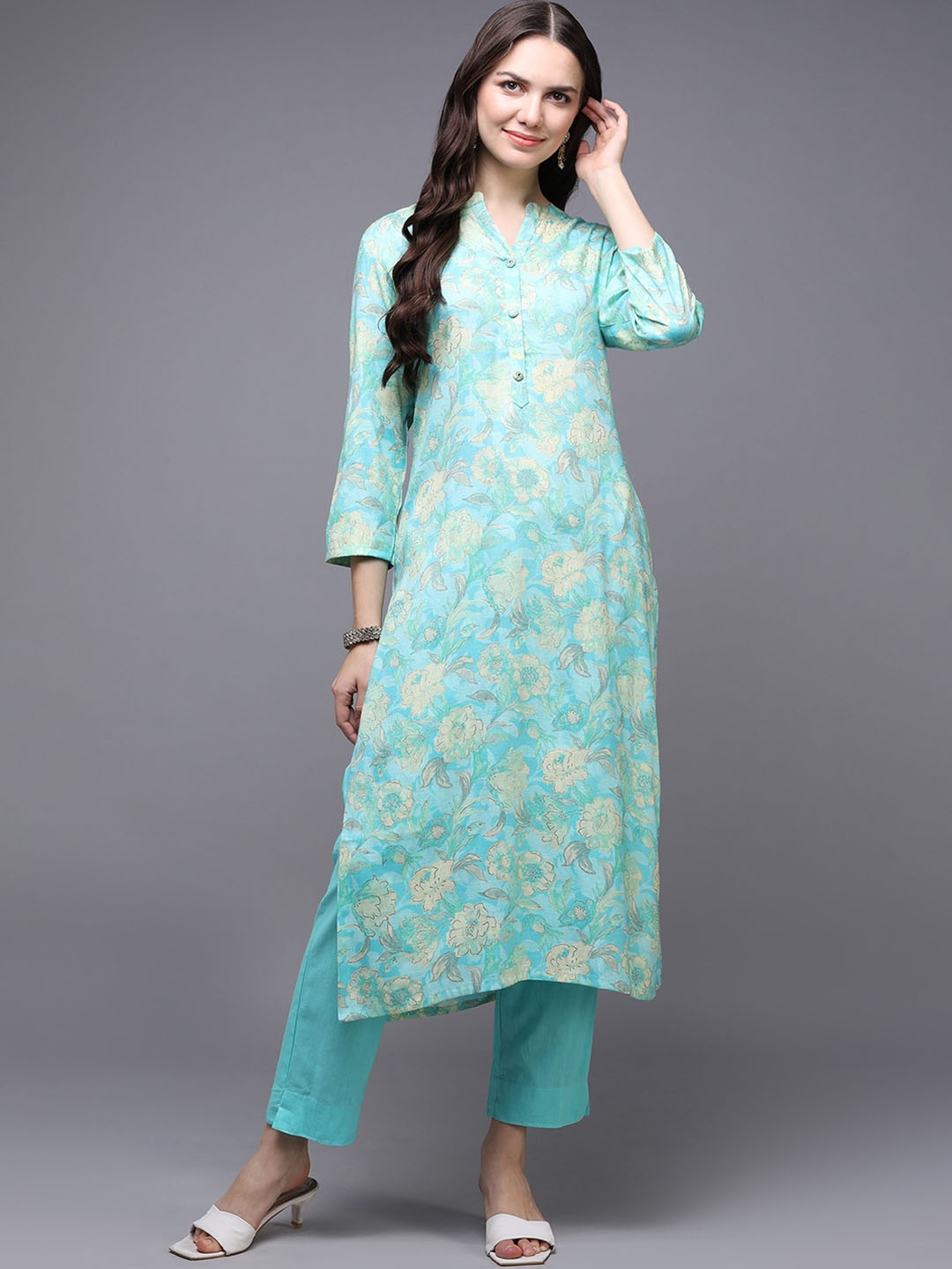 

AHIKA Turquoise Blue Floral Printed Mandarin Collar Kurta