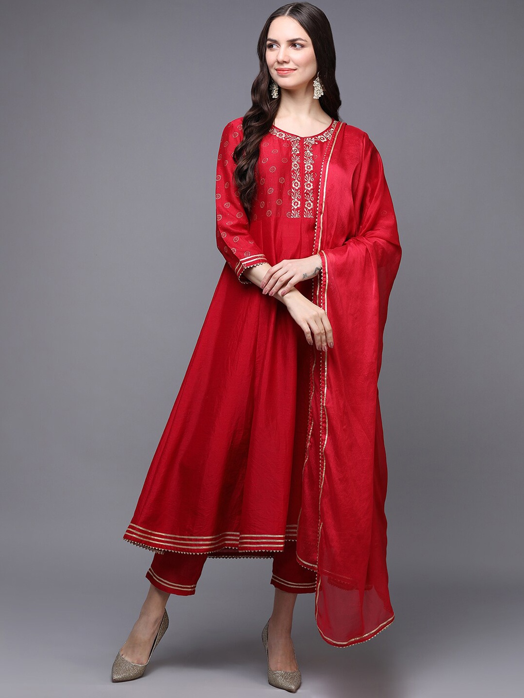 

AHIKA Floral Yoke Design Empire Kurta With Trousers & Dupatta, Red