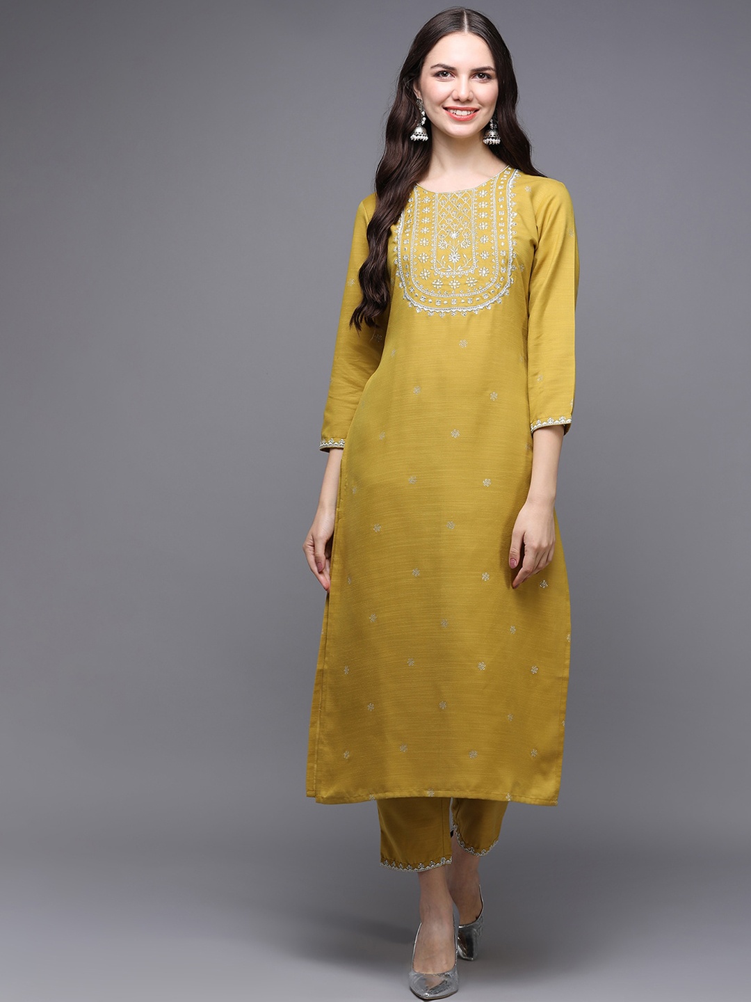 

AHIKA Floral Embroidered Round Neck Kurta, Yellow