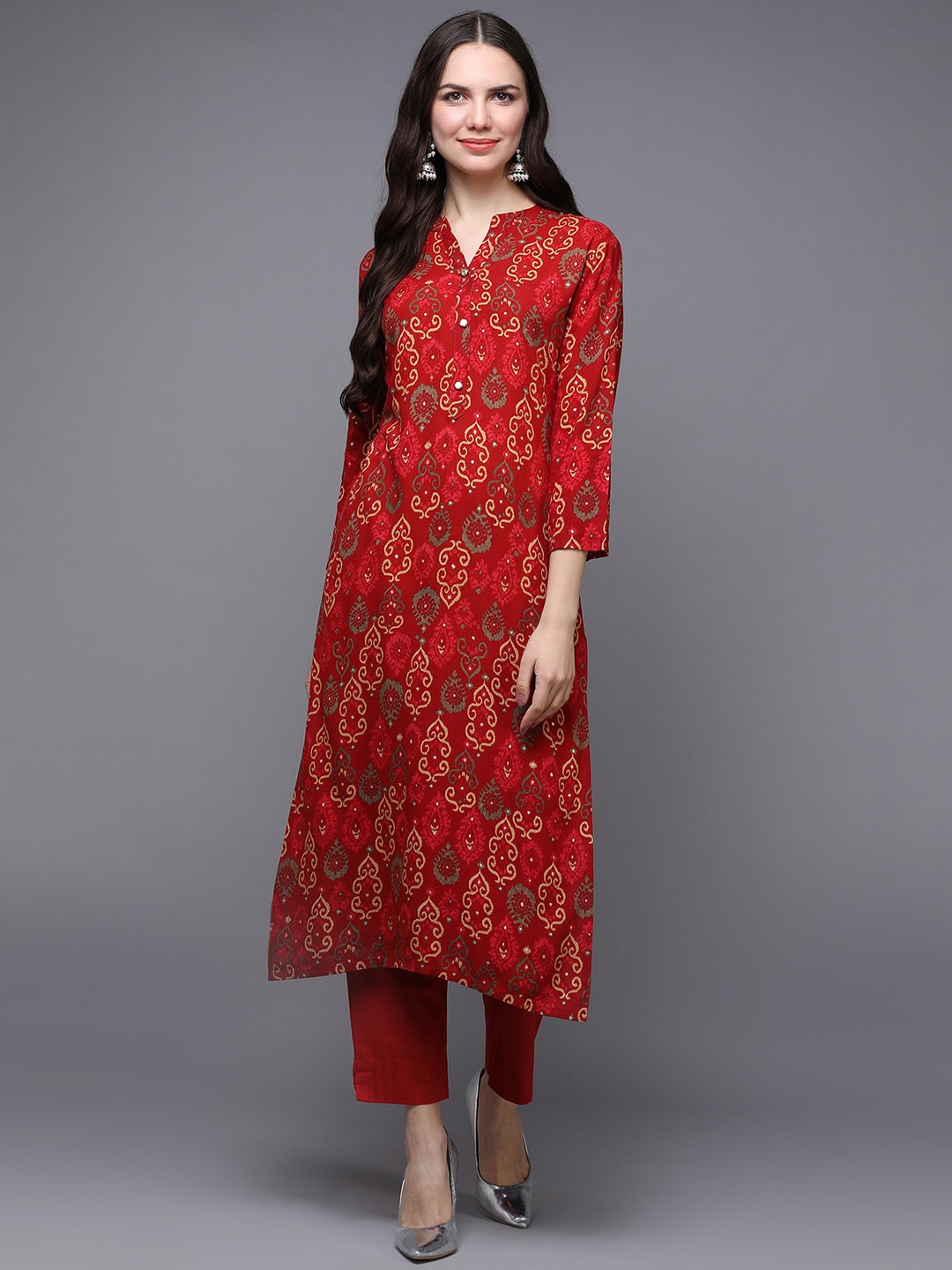 

AHIKA Ethnic Motifs Printed Kurta, Red