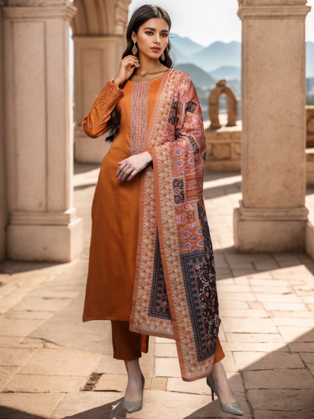 AHIKA Floral Yoke Design Regular Thread Work Pure Cotton Kurta With Trousers & Dupatta, Orange