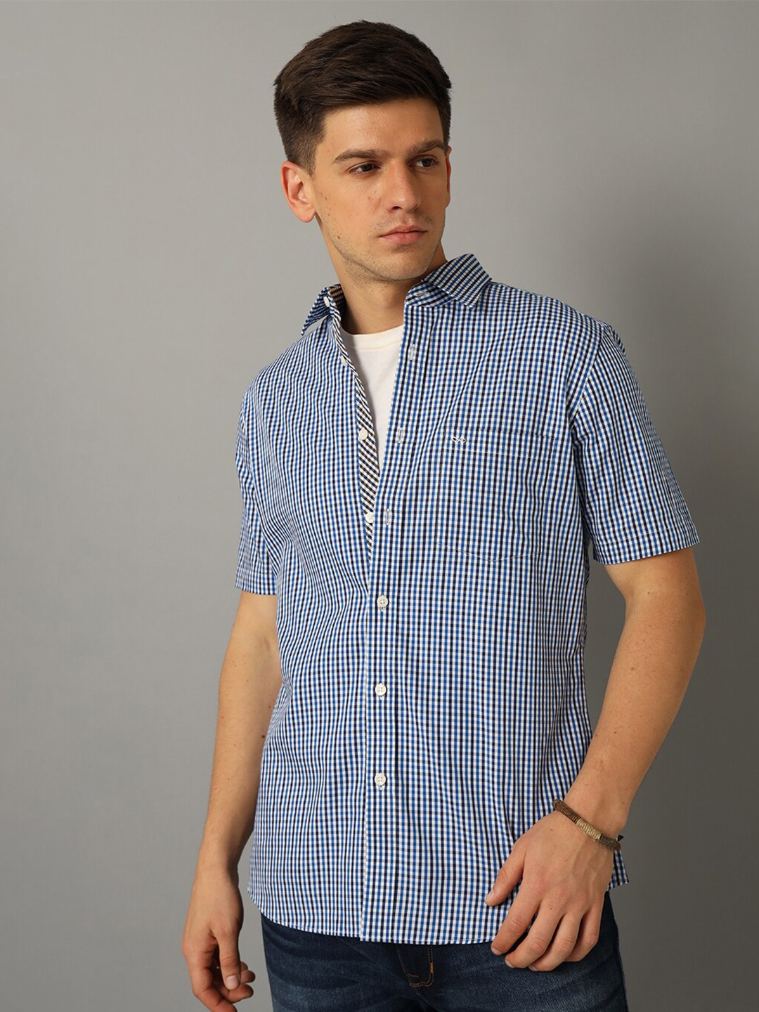 

Aldeno India Slim Micro Checks Pure Cotton Casual Shirt, Blue