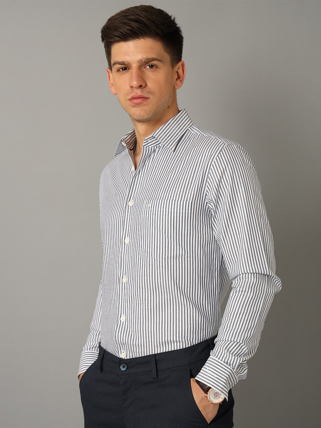 

Aldeno India Slim Vertical Striped Pure Cotton Formal Shirt, Blue
