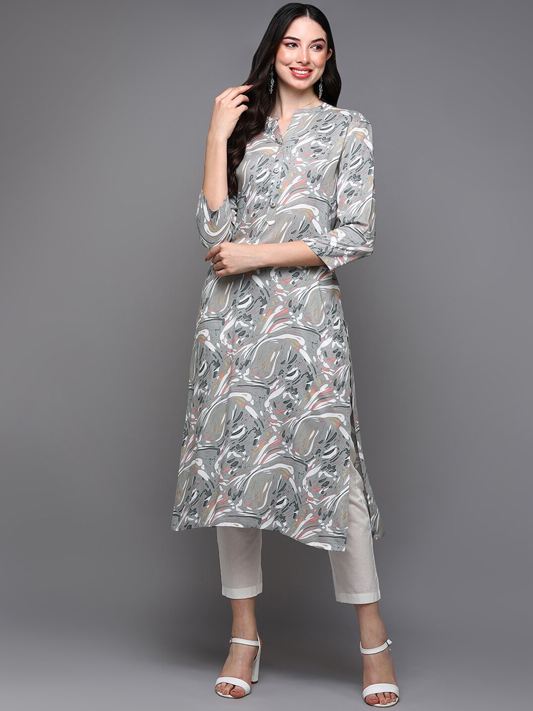 

AHIKA Abstract Printed Band Collar Kurta, Grey