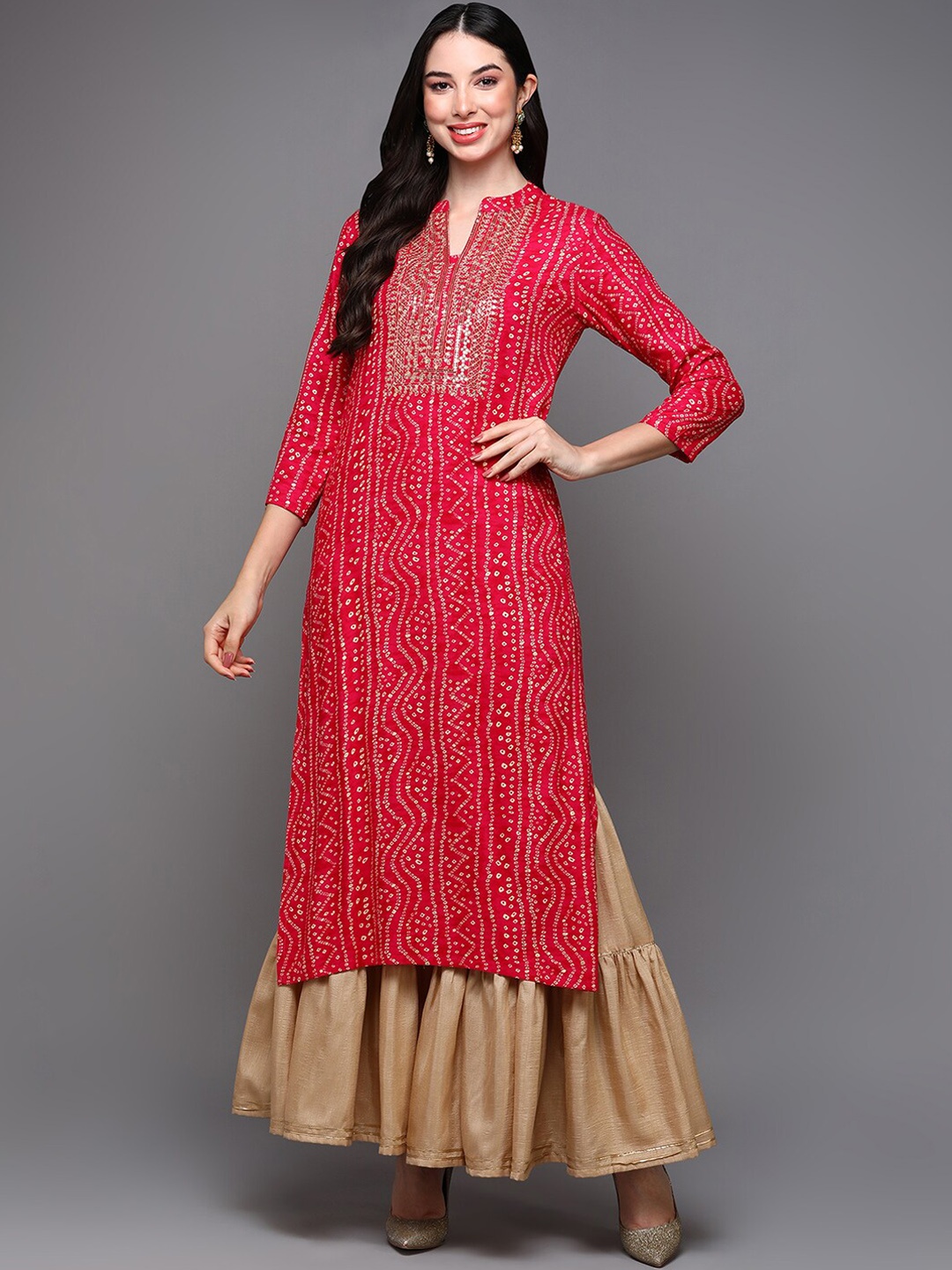 

AHIKA Bandhani Printed Thread Work Kurta, Pink