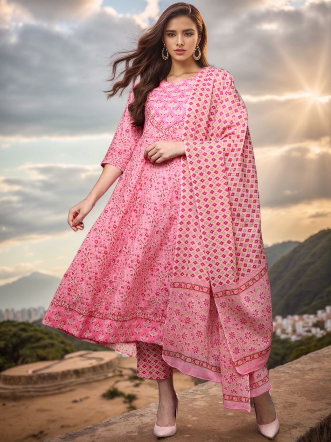 

AHIKA Pink Floral Printed Anarkali Pure Cotton Kurta & Trousers With Dupatta