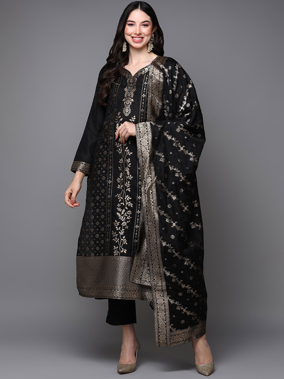 

AHIKA Black Floral Woven Design Zari Straight Kurta & Trousers With Dupatta