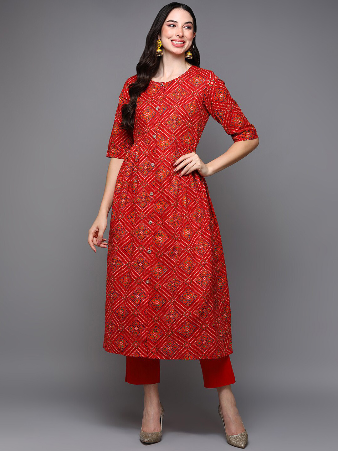 

AHIKA Red Ethnic Motifs Bandhani Printed Cotton Kurta