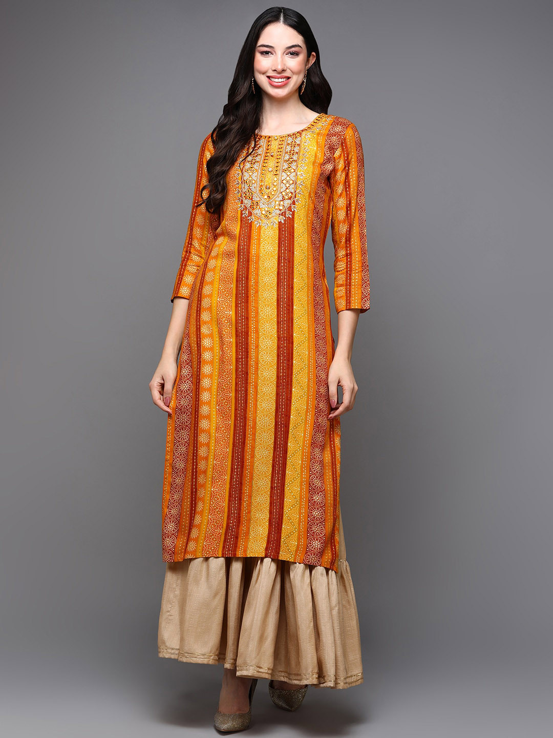 

AHIKA Ethnic Motifs Printed Thread Work Kurta, Yellow