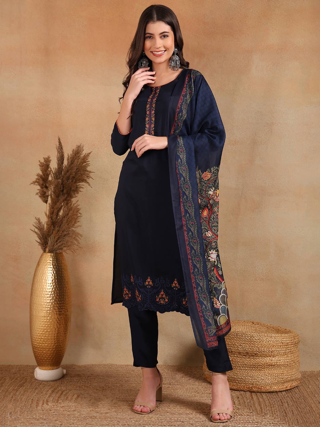 

AHIKA Floral Yoke Design Embroidered Thread Work Kurta With Trousers & Dupatta, Navy blue