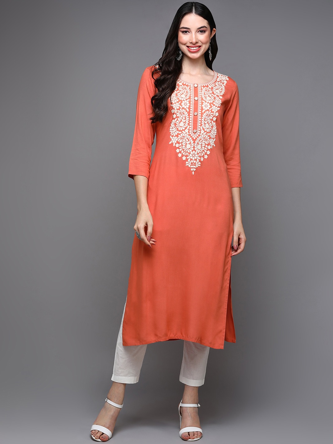 

AHIKA Orange Ethnic Motifs Yoke Design Thread Work Kurta