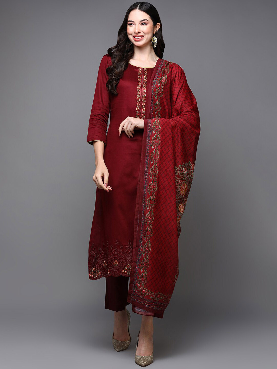 

AHIKA Red Floral Yoke Design Straight Kurta & Trousers With Dupatta