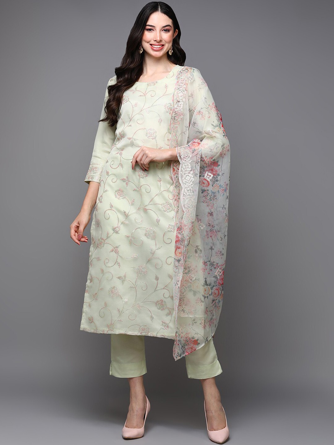 

AHIKA Lime Green Floral Embroidered Zari Straight Kurta & Trousers With Dupatta