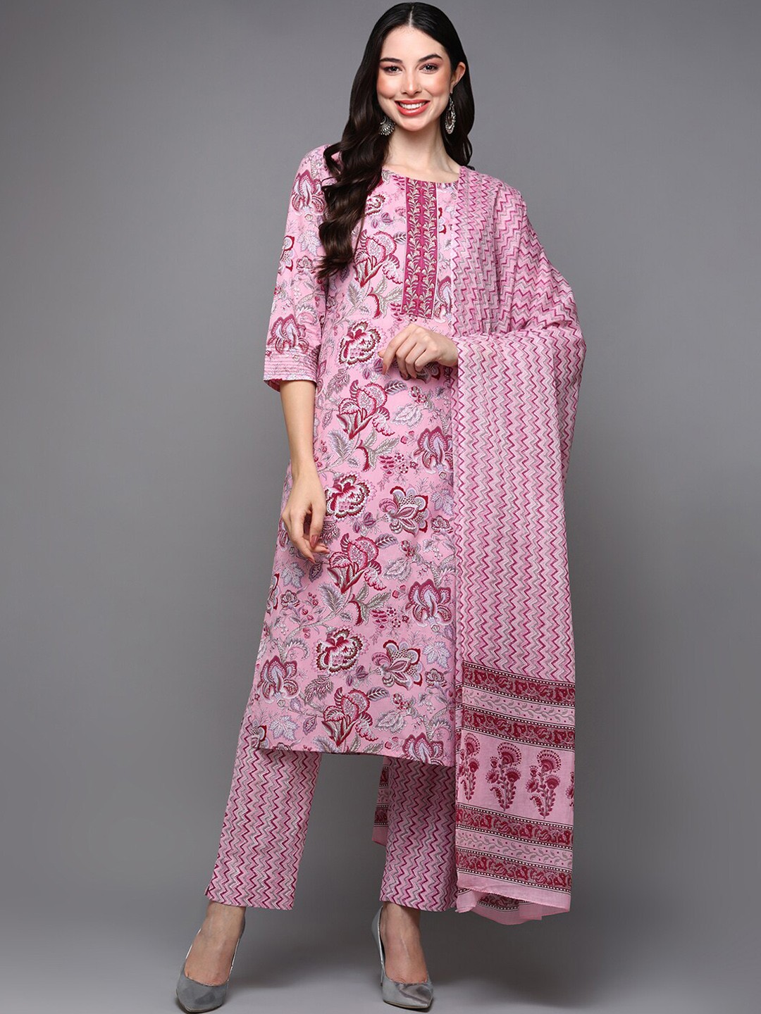 

AHIKA Floral Printed Pure Cotton Kurta With Trousers & Dupatta, Pink