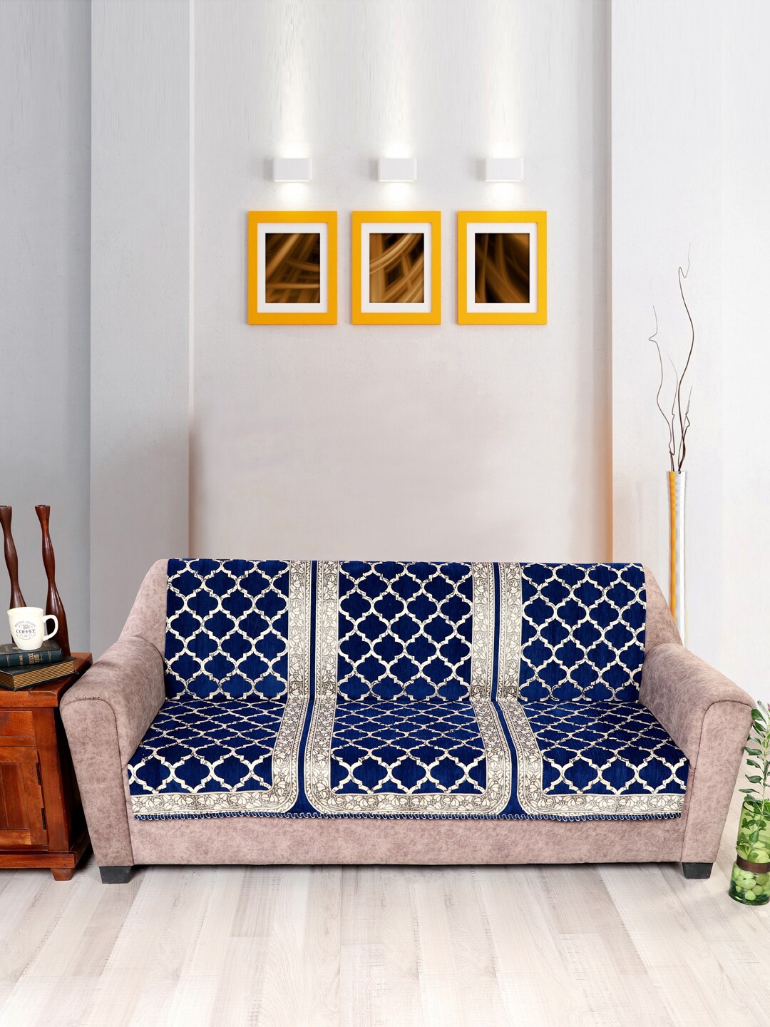 

Nendle Patterned 3-Saeter Velvet Sofa Cover, Navy blue