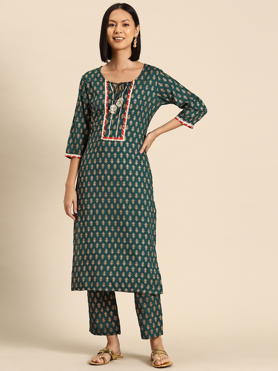 

MABISH by Sonal Jain Women Ethnic Motifs Printed Regular Gotta Patti Kurta with Palazzos, Teal