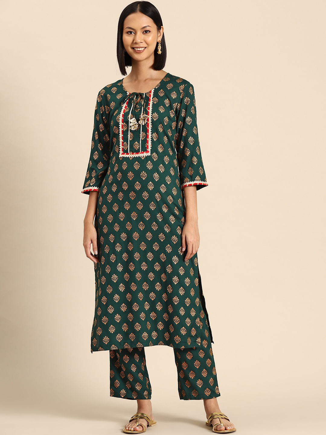 

MABISH by Sonal Jain Women Ethnic Motifs Printed Regular Gotta Patti Kurta with Palazzos, Green