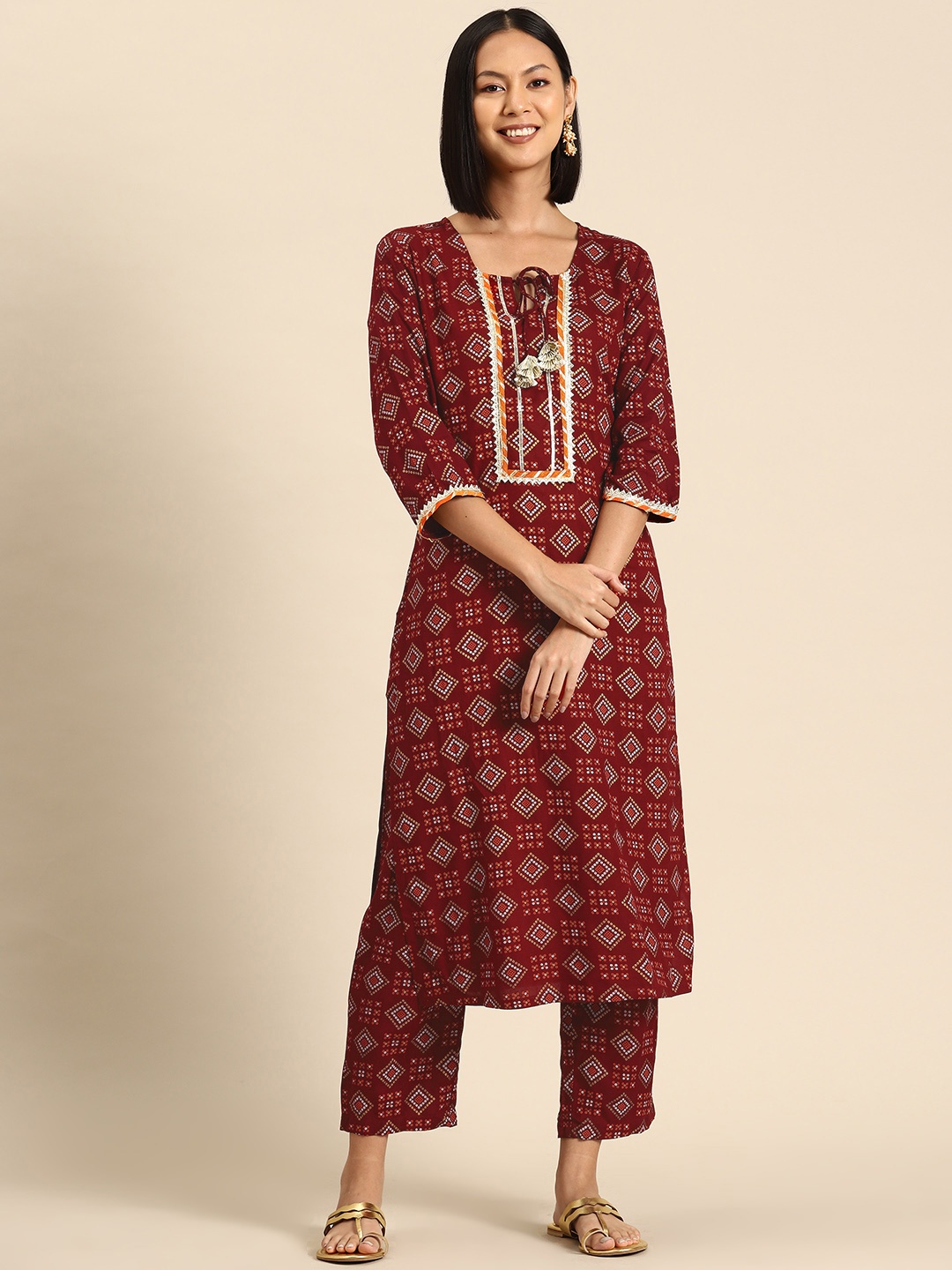 

MABISH by Sonal Jain Women Printed Regular Gotta Patti Kurta with Palazzos, Maroon