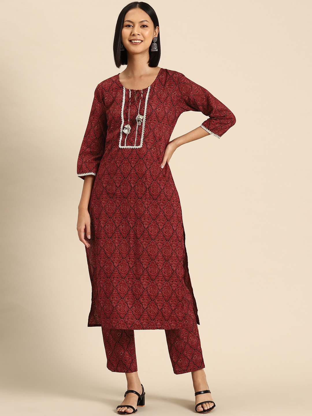 

MABISH by Sonal Jain Ethnic Motifs Printed Regular Gotta Patti Cotton Kurta with Palazzos, Maroon