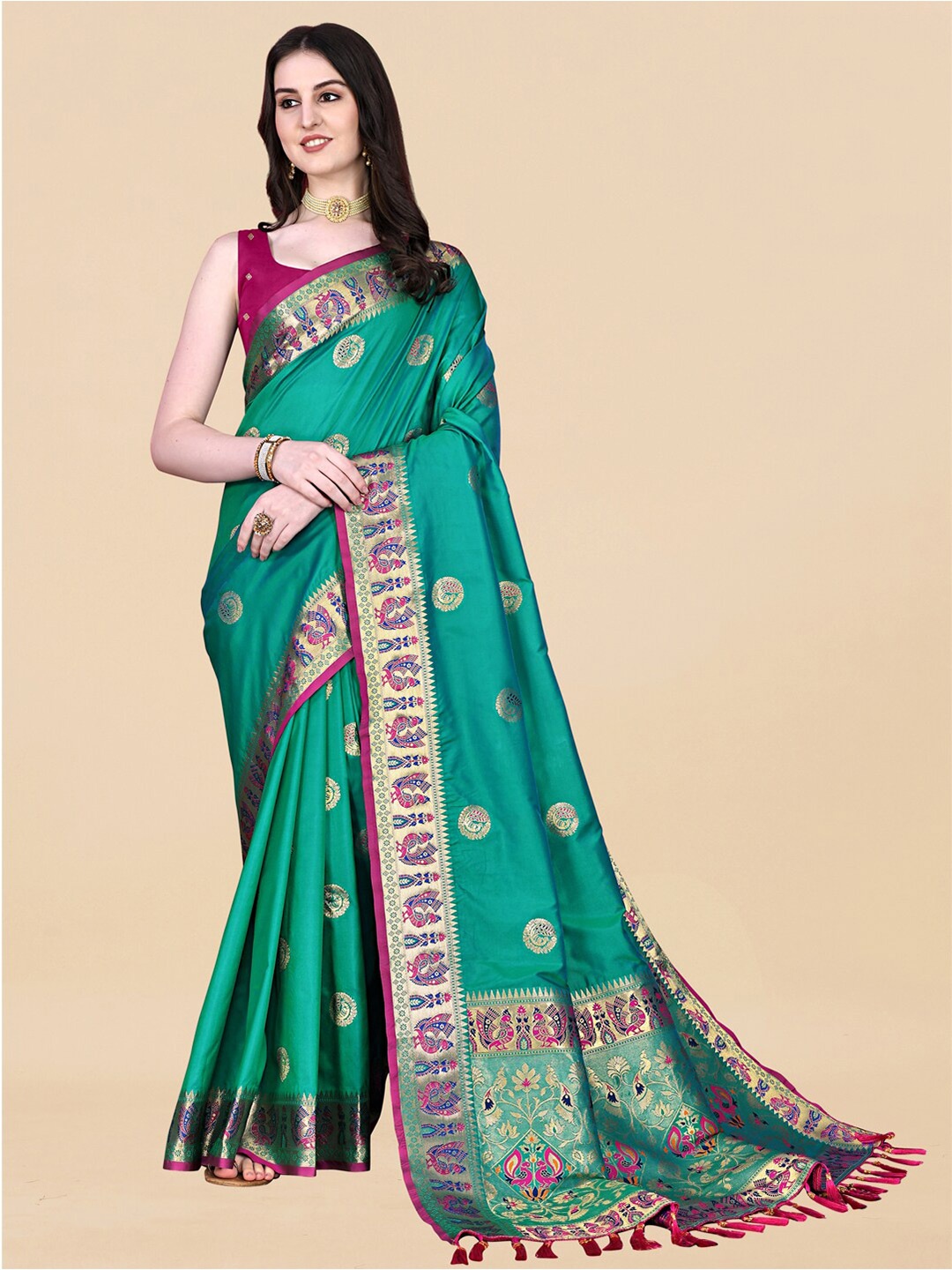 

JATRIQQ Ethnic Motifs Woven Design Zari Paithani Saree, Teal