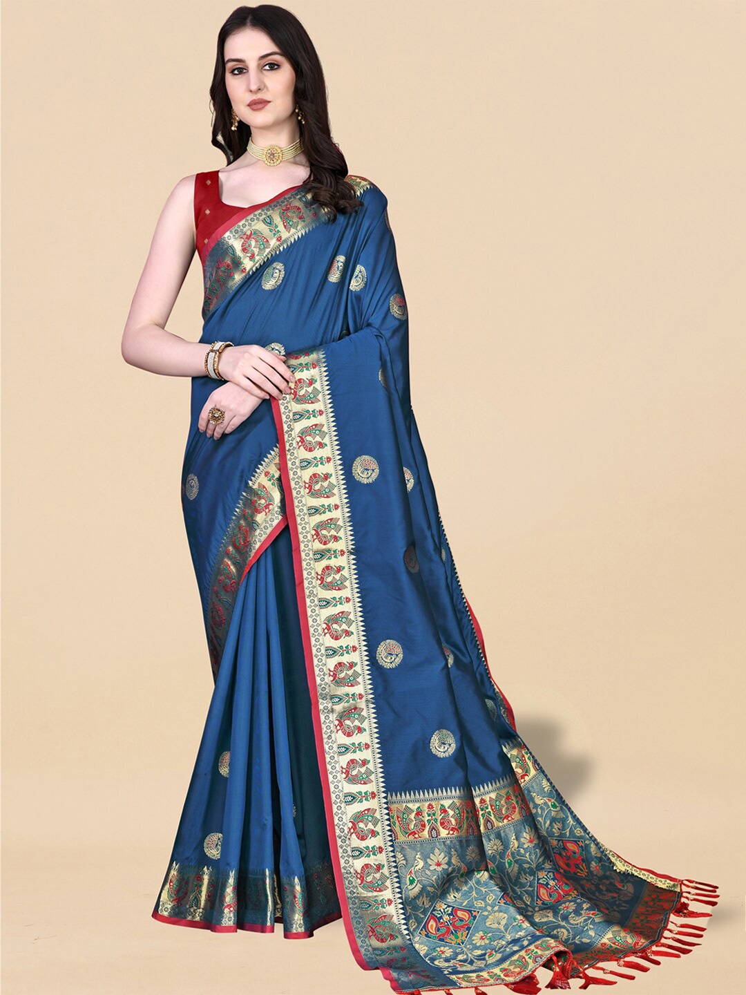 

JATRIQQ Ethnic Motifs Woven Design Zari Paithani Saree, Blue
