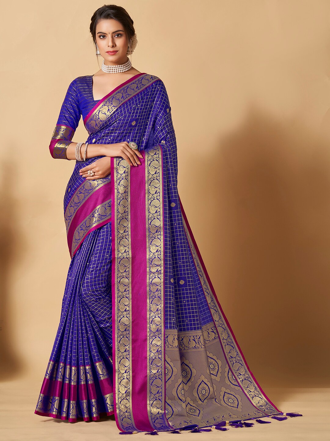 

JATRIQQ Ethnic Motifs Woven Design Zari Art Silk Kanjeevaram Saree, Blue