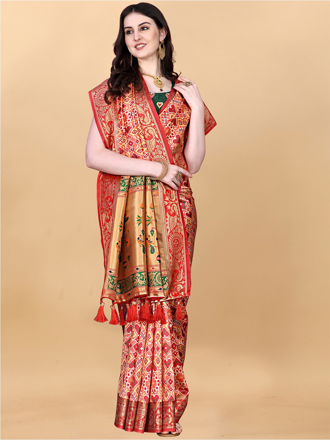 

JATRIQQ Ethnic Motifs Woven Design Zari Art Silk Paithani Saree, Orange