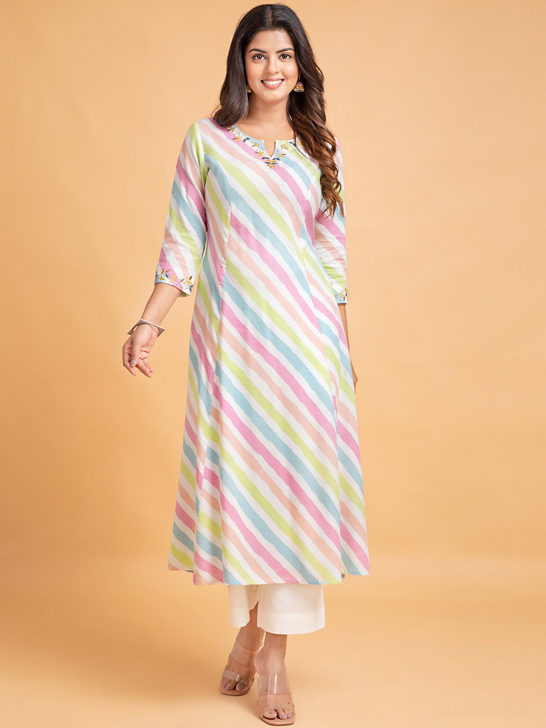 

SUTI Striped Thread Work A-Line Kurta, White