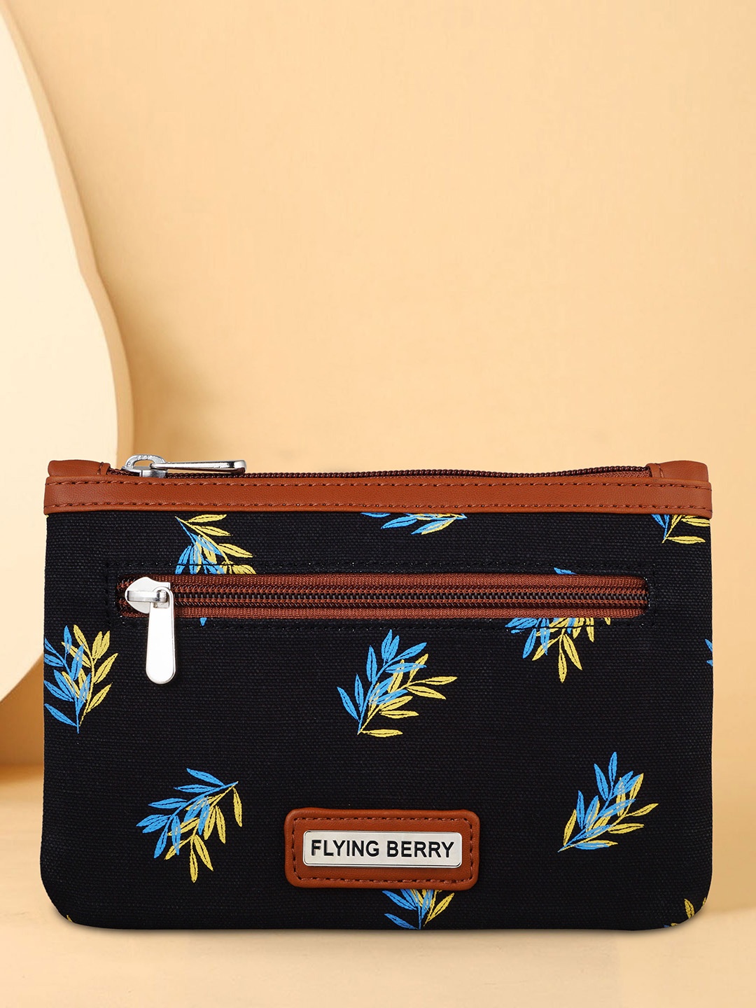 

FLYING BERRY Floral Printed Vegan Leather Travel Pouch, Black