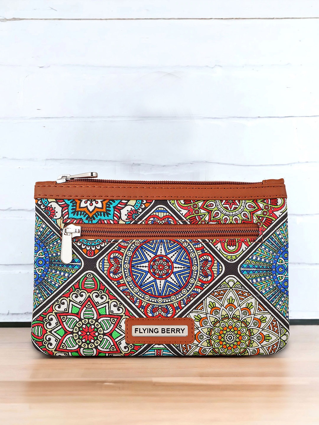 

FLYING BERRY Ethnic Motifs Printed Vegan Leather Travel Pouch, Brown