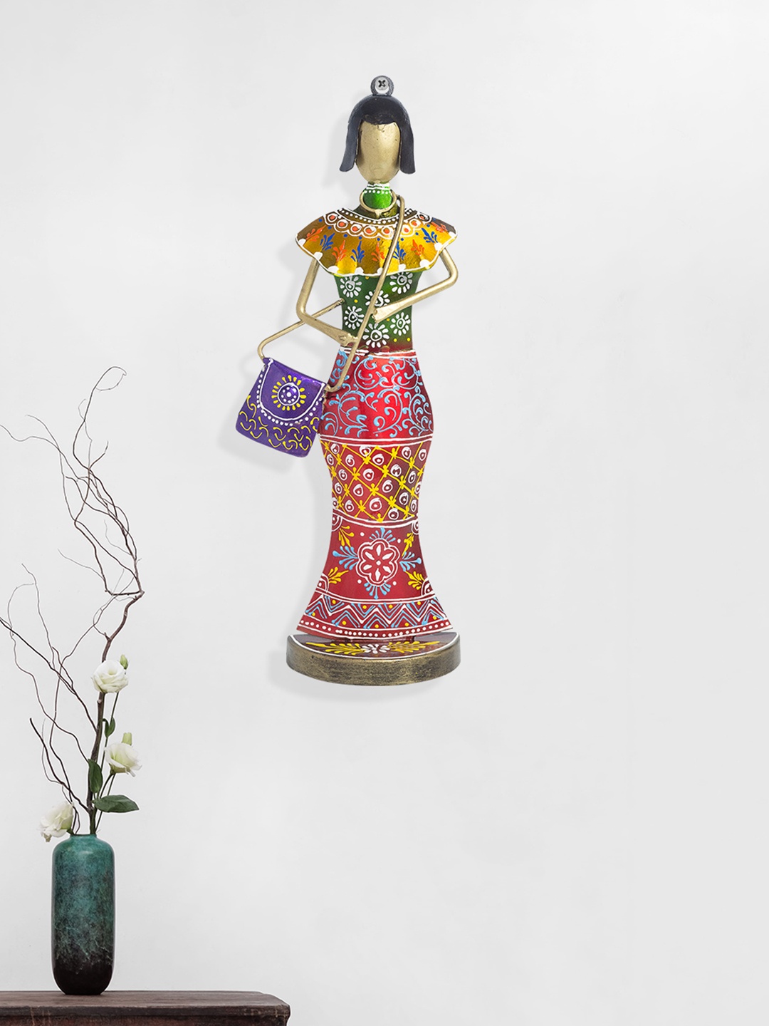 

Golden Peacock Red & Yellow Metal Lady with Purse Wall Decor
