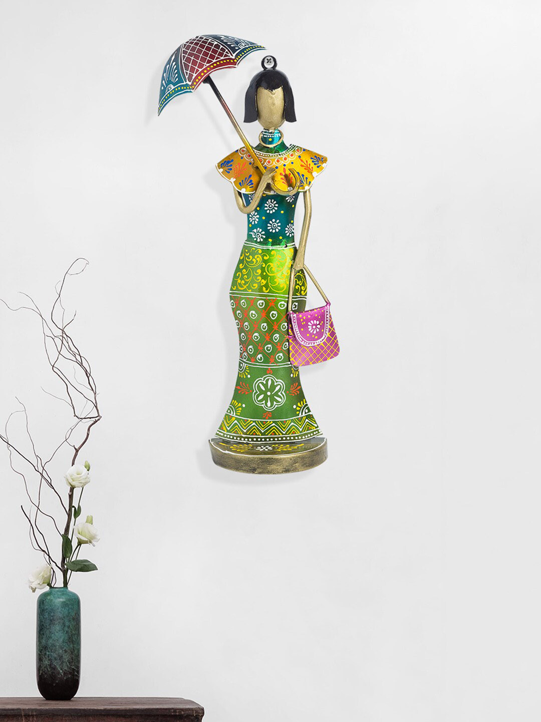 

Golden Peacock Green & Yellow Metal Lady with Purse Wall Decor
