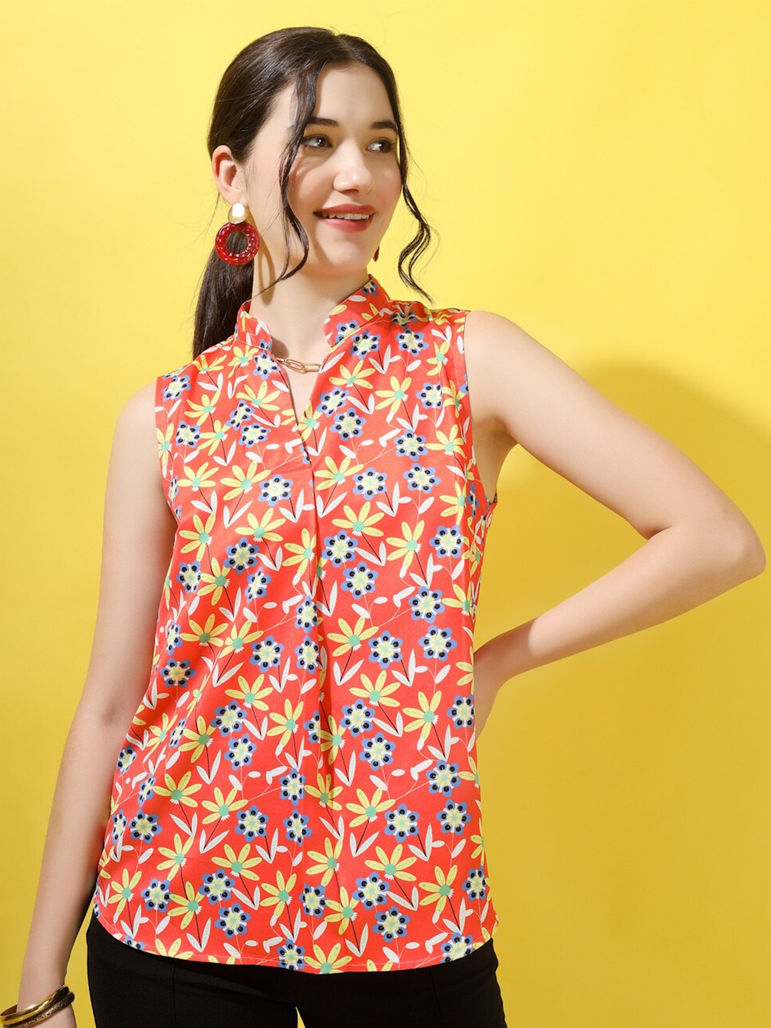 

angloindu Floral Print Mandarin Collar Sleeveless Top, Orange