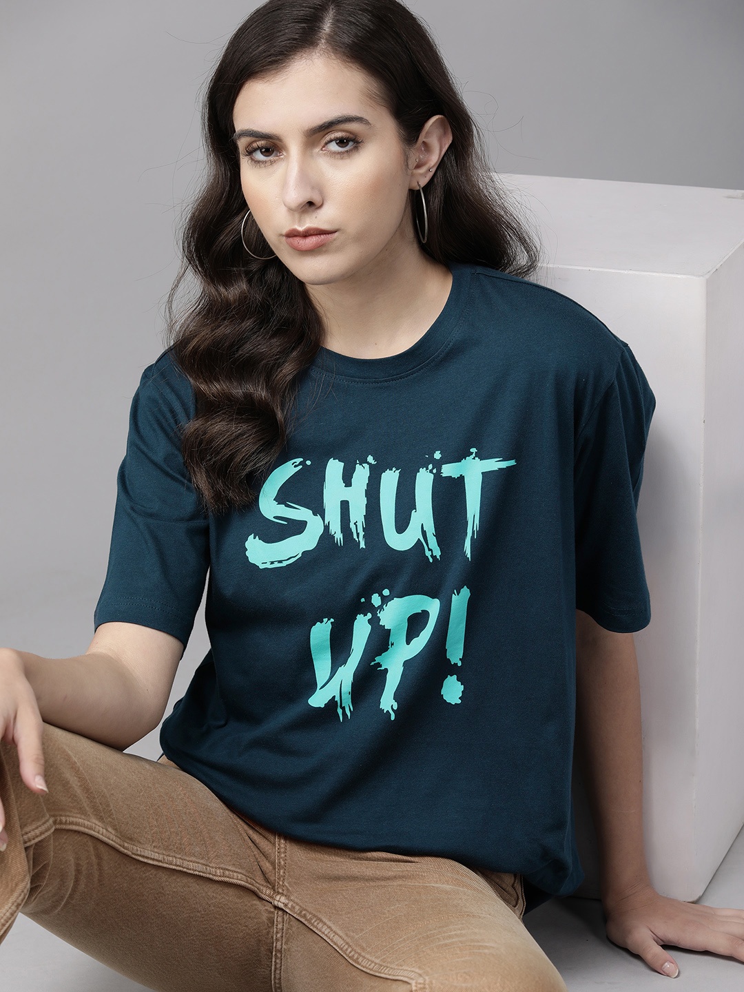 

Roadster Women Teal Typography Cotton T-shirt