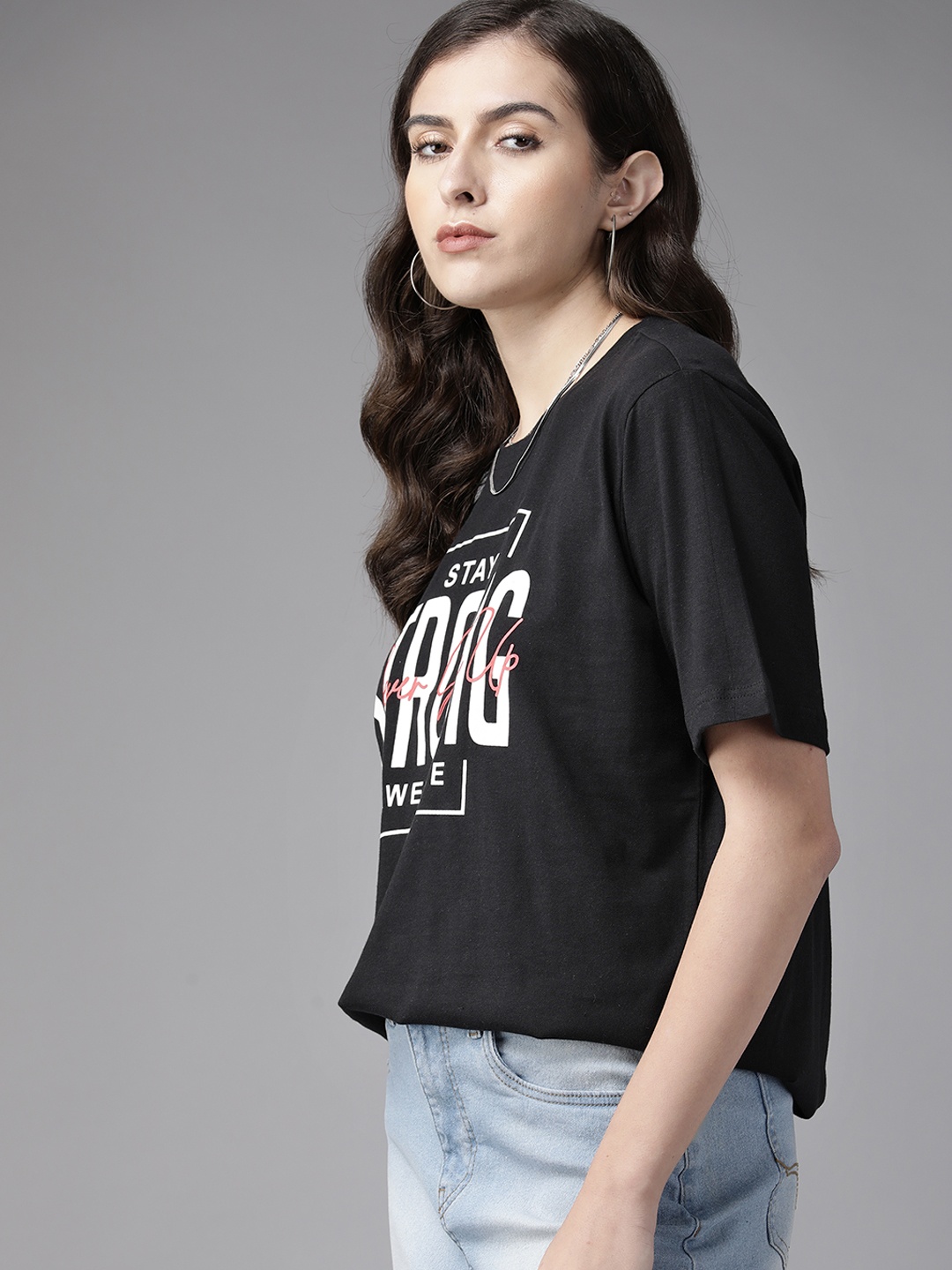 

Roadster Women Black Typography Cotton T-shirt