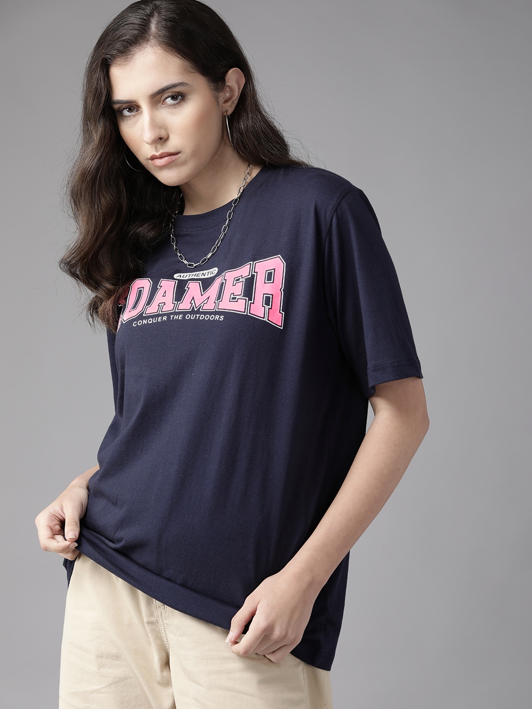 

Roadster Women Navy Blue Typography Cotton T-shirt