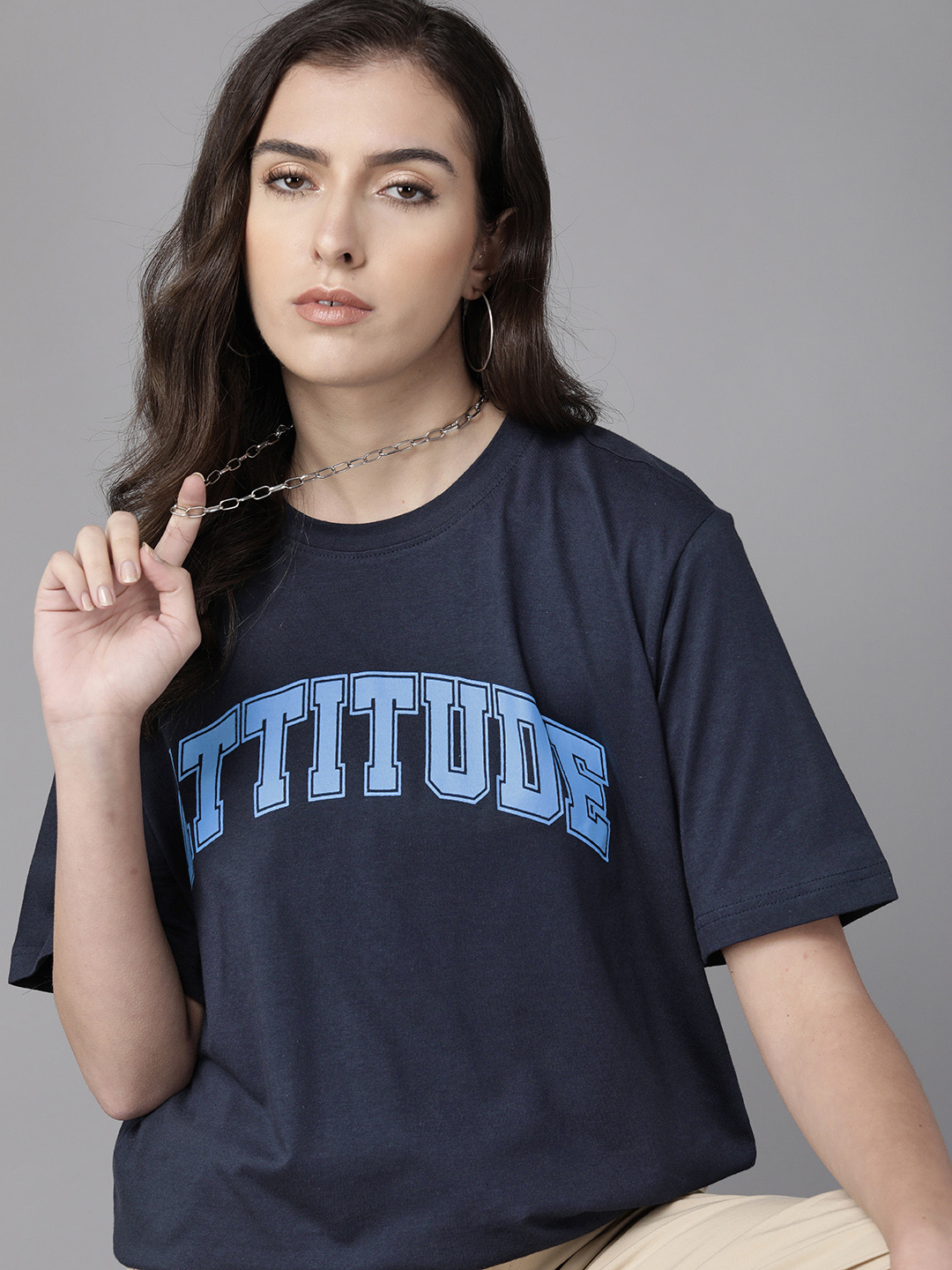 

Roadster Women Navy Blue Typography Cotton T-shirt