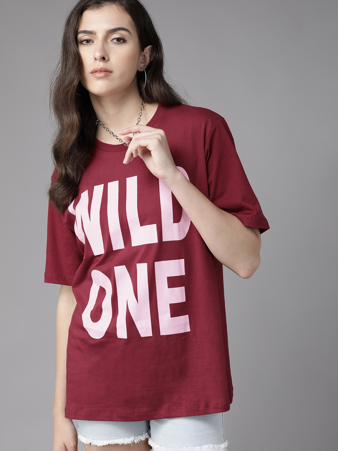 

Roadster Women Maroon Typography Cotton T-shirt