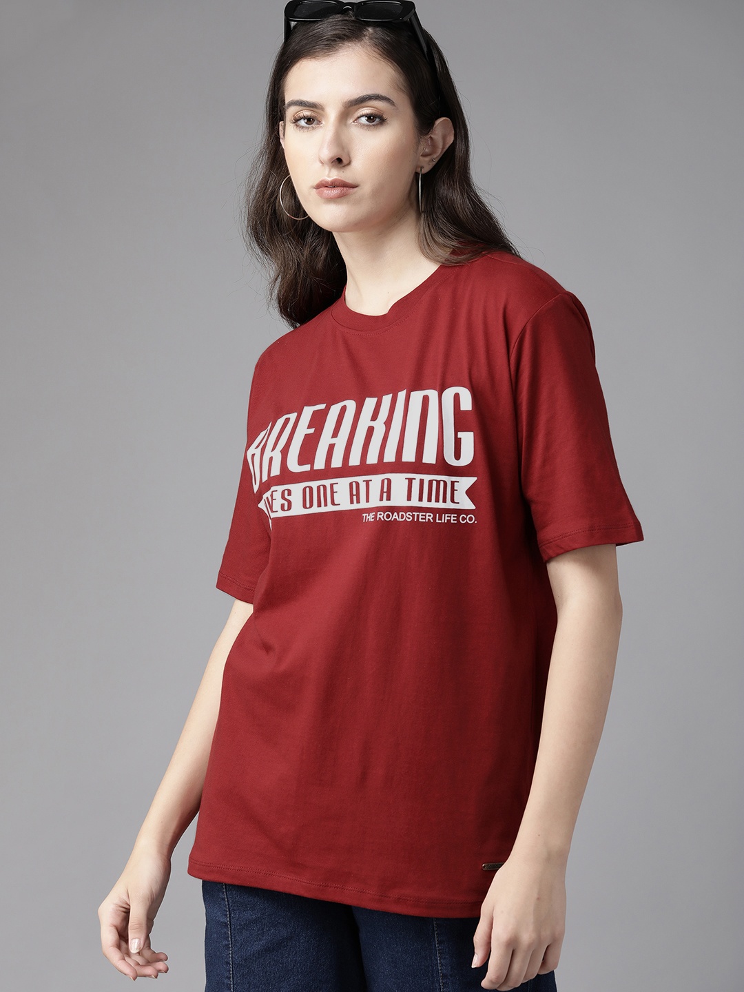 

Roadster Women Maroon Typography Cotton T-shirt