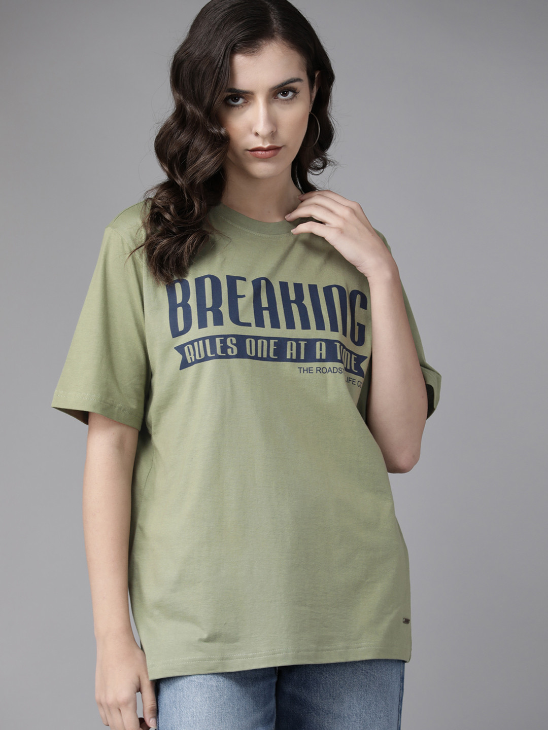 

Roadster Women Green Typography Cotton T-shirt
