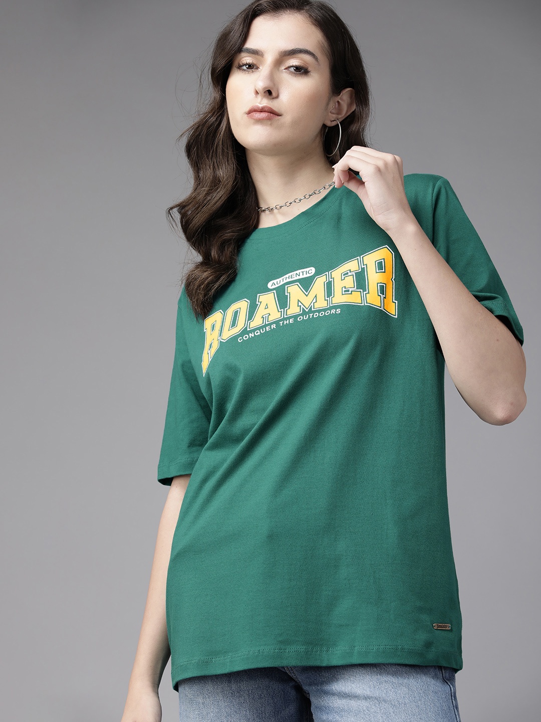 

Roadster Women Green Typography Cotton T-shirt
