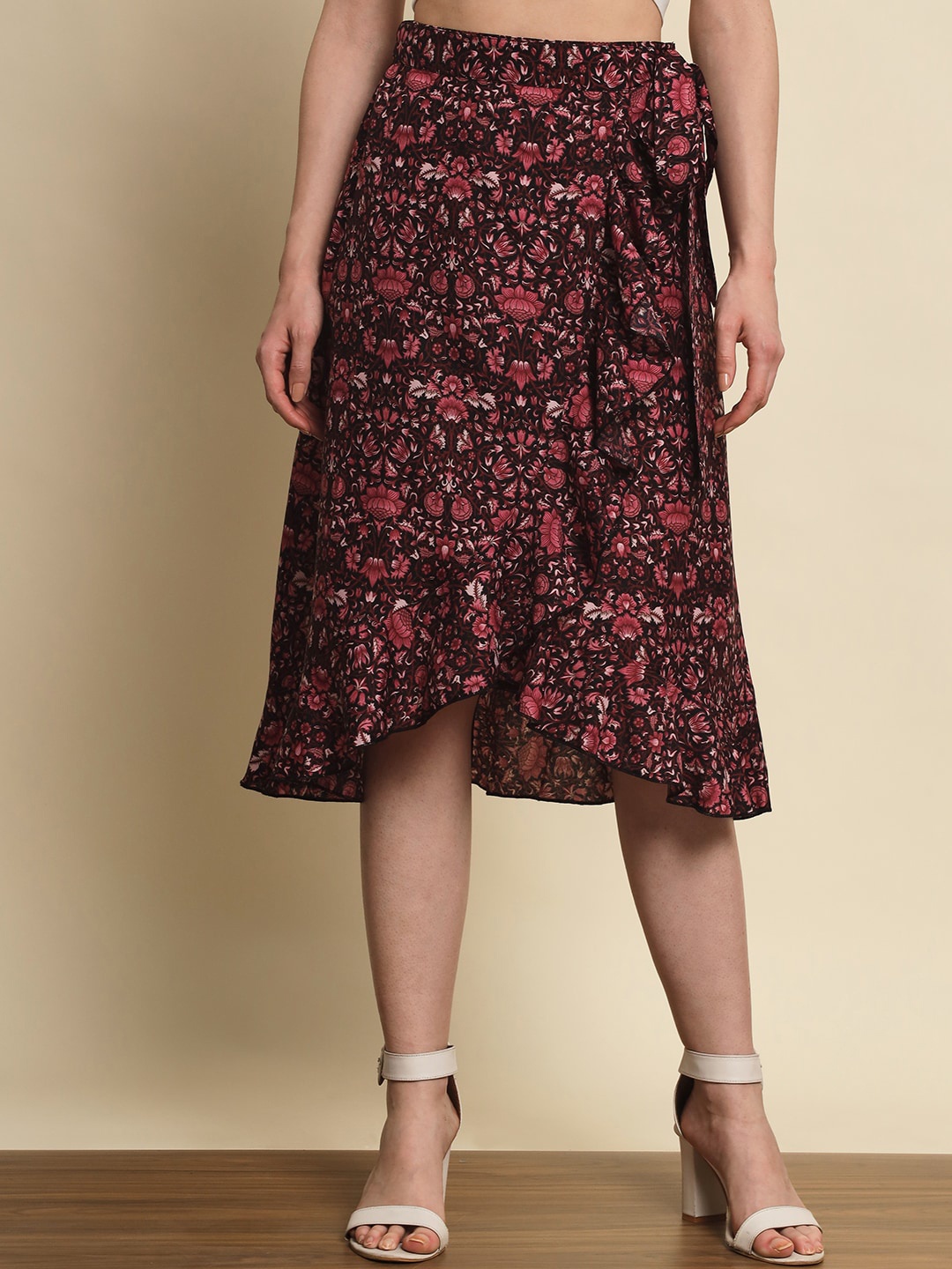 

Trend Arrest Floral Printed Wrap Around Skirt, Black