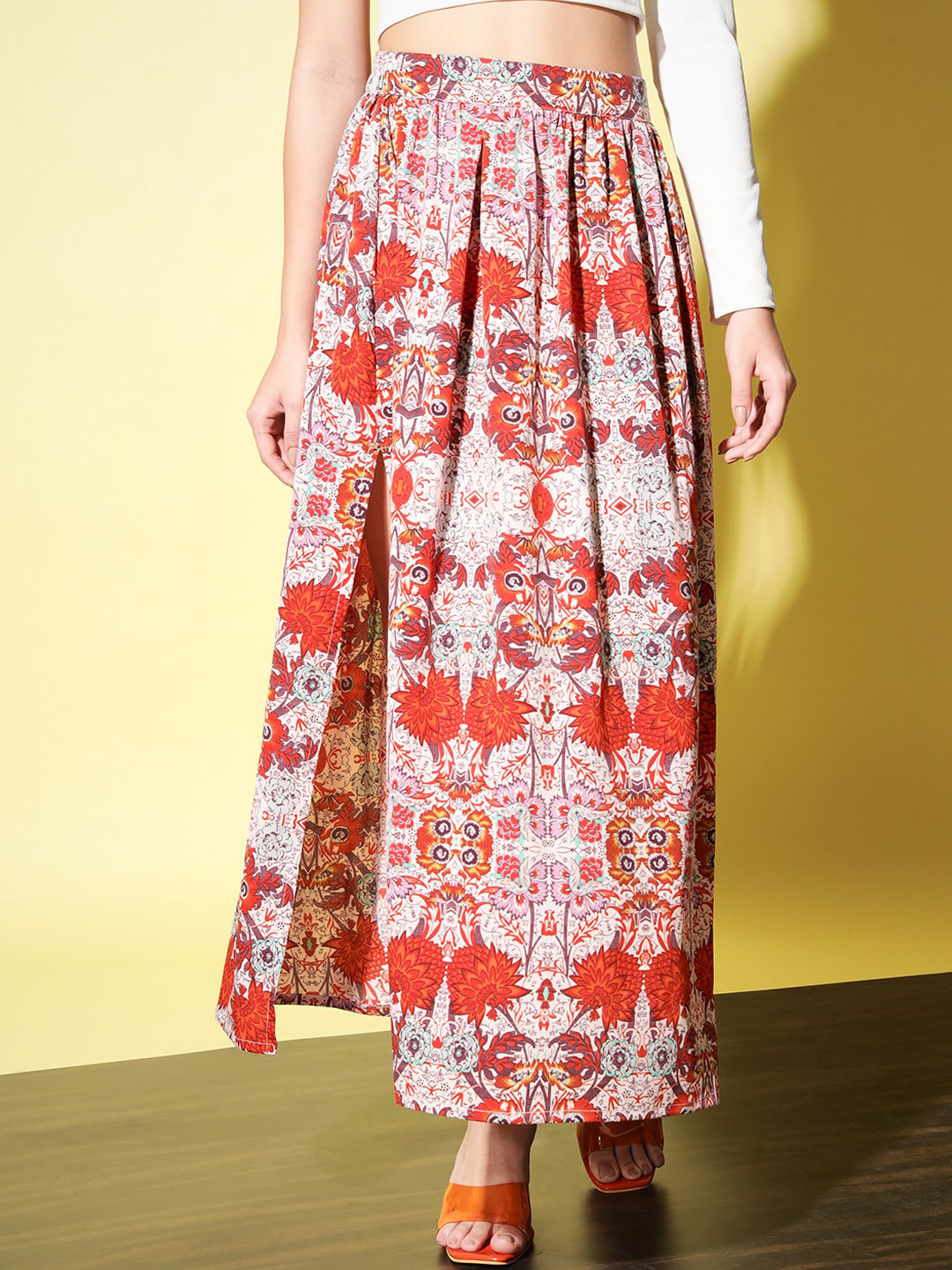 

Trend Arrest Ethnic Printed Side Slit Flared Maxi Skirt, White