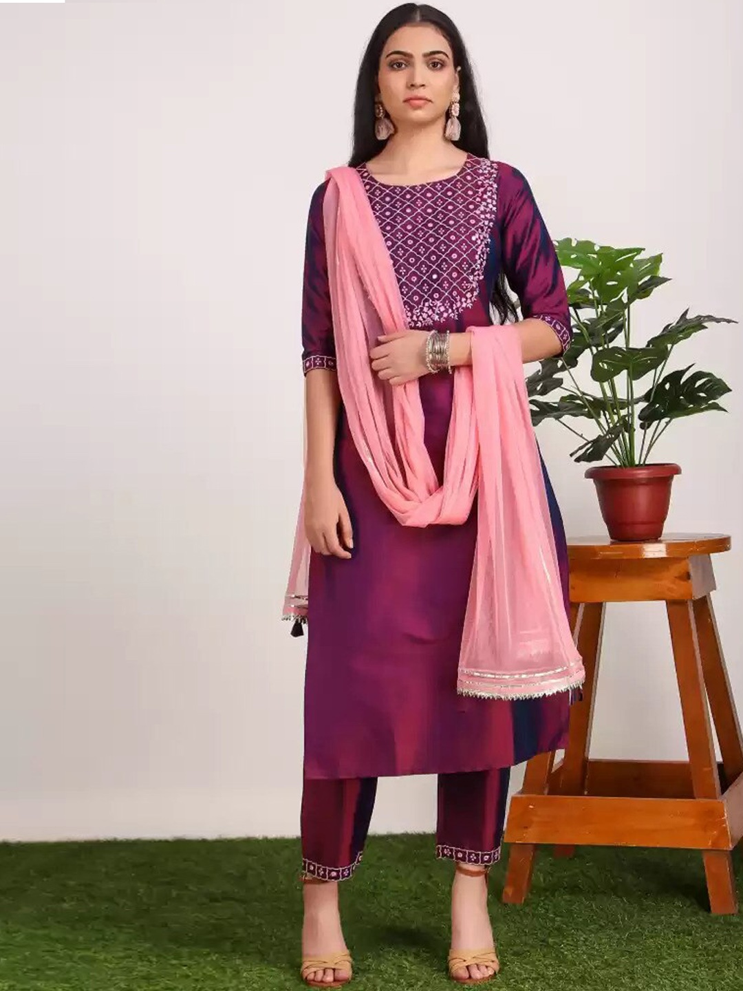 

KALIN Floral Embroidered Mirror Work Straight Kurta with Trousers & Dupatta, Purple