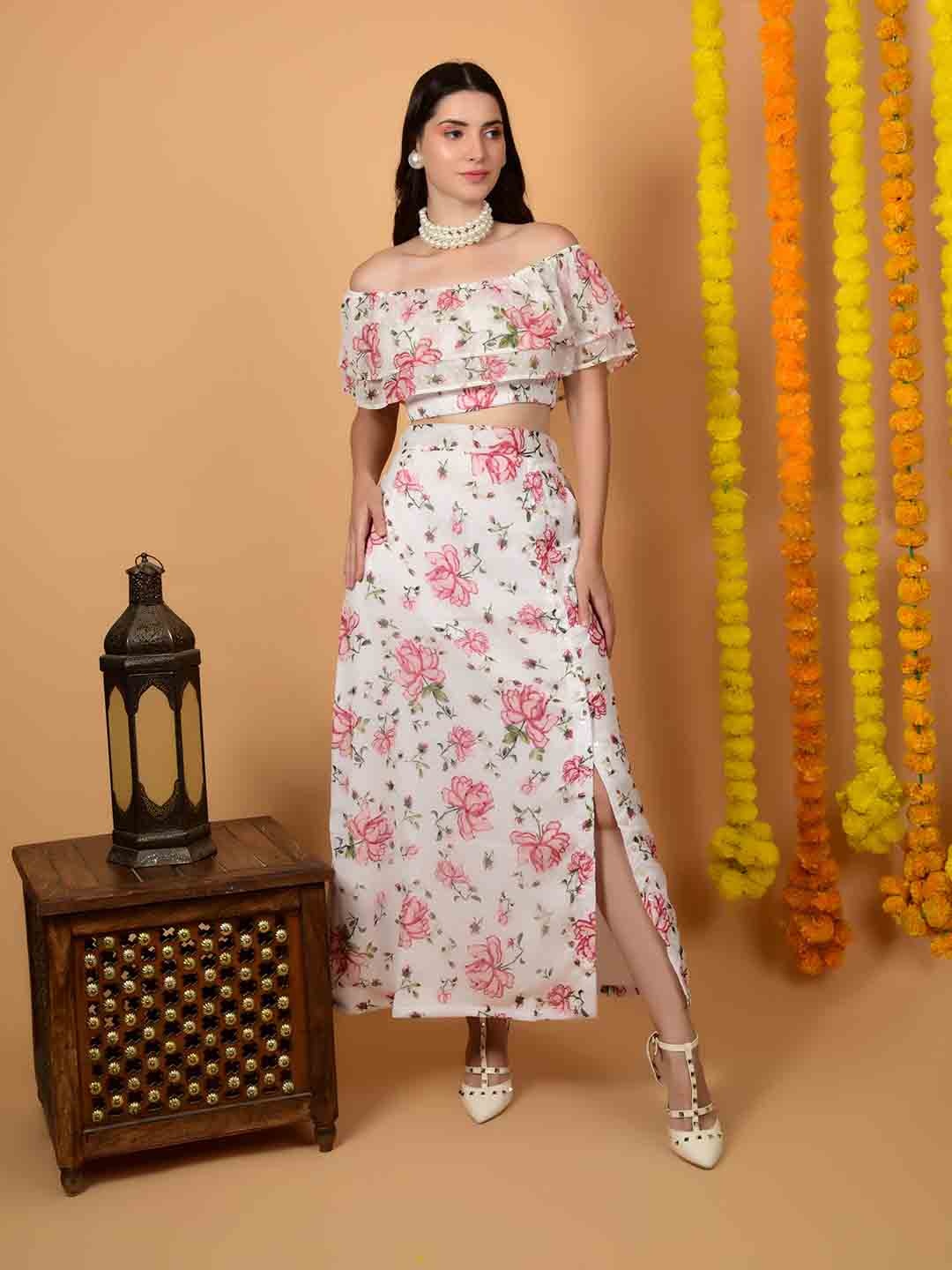

FLAWLESS Printed Off-Shoulder Crop Top With Skirt, White