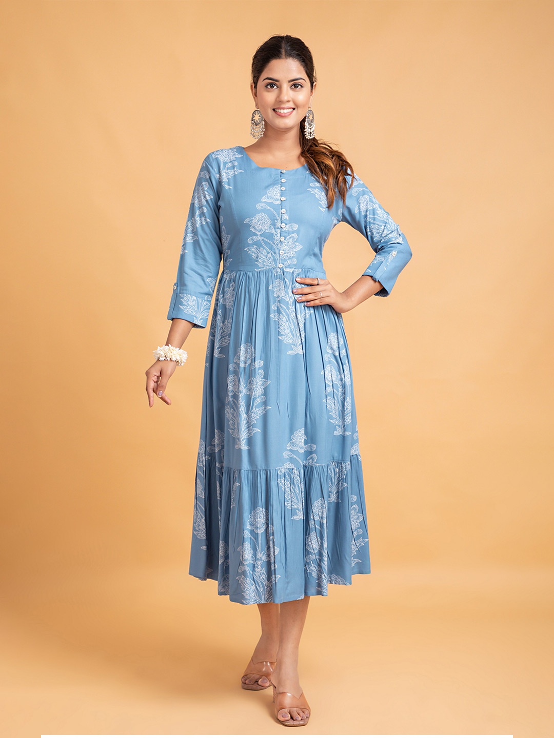 

SUTI Floral Print Fit & Flare Midi Ethnic Dress, Blue