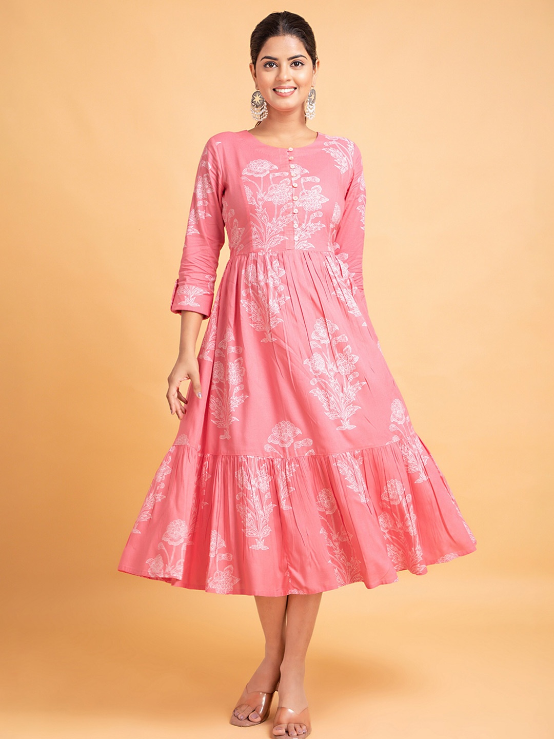 

SUTI Floral Print Fit & Flare Midi Ethnic Dress, Pink