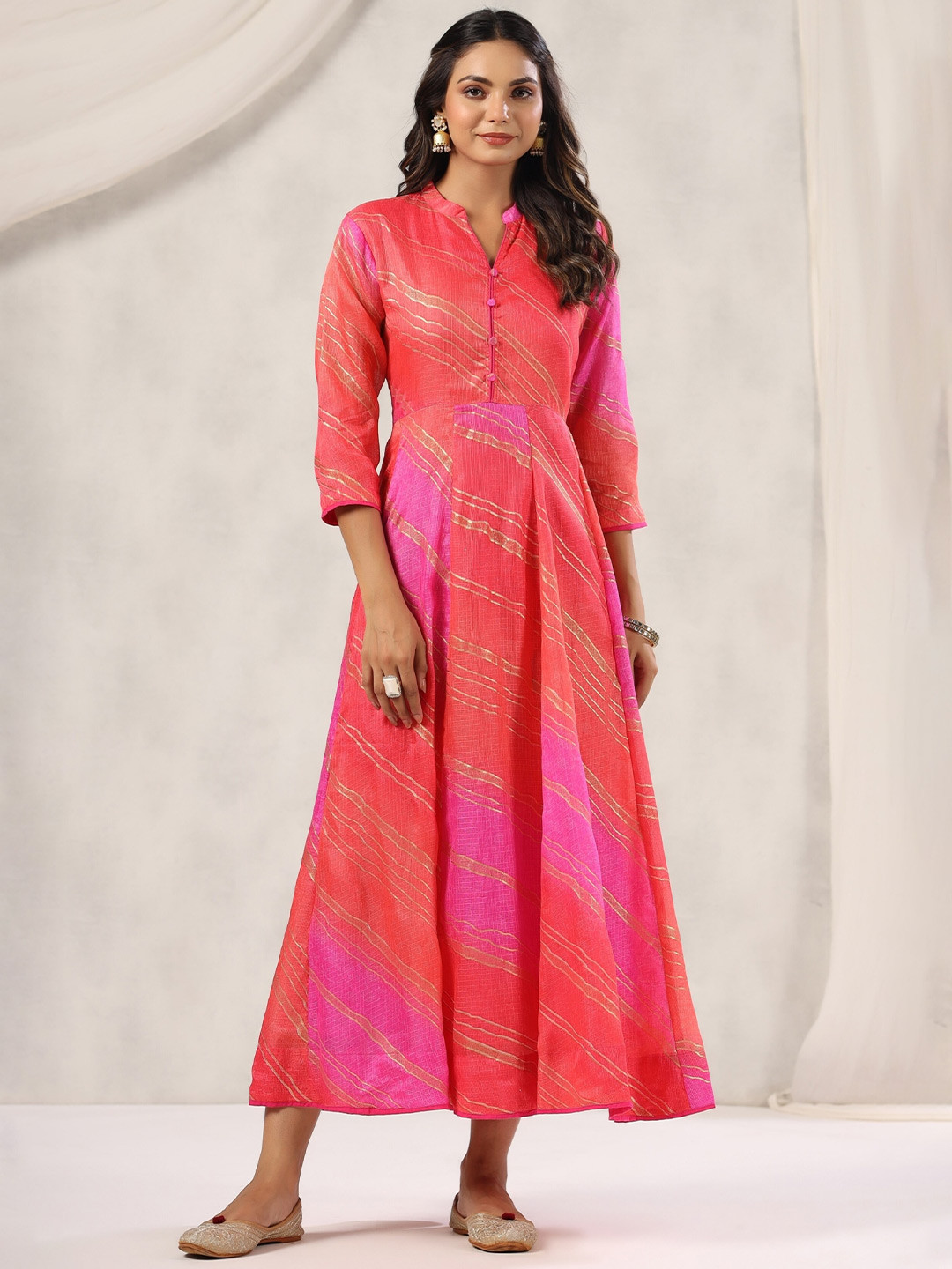 

mirari Striped Mandarin Collar Midi Ethnic Dress, Pink