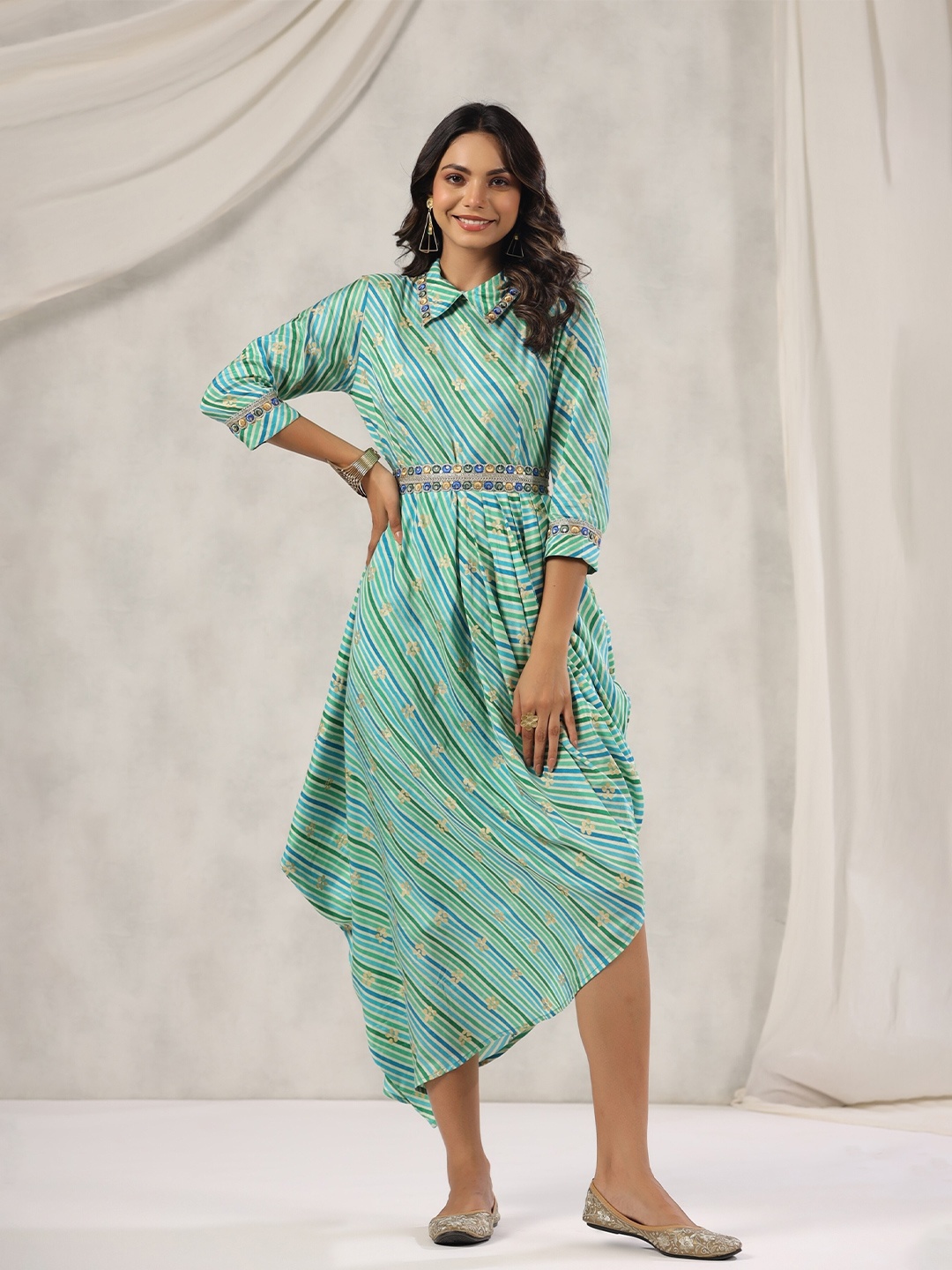 

mirari Striped Printed Lace-Up Flared Cotton Shirt Midi Dress, Green