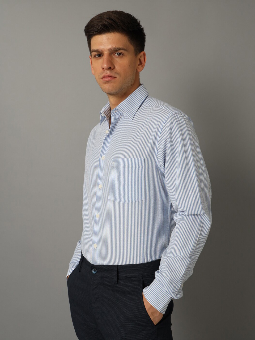 

Aldeno Comfort Regular Fit Striped Long Sleeves Pure Cotton Formal Shirt, Blue